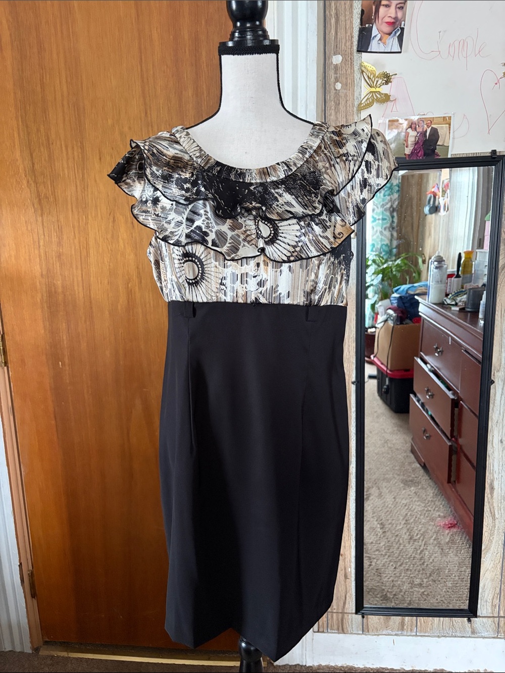 Black and Cream Ruffled Neck Women's Dress size 14